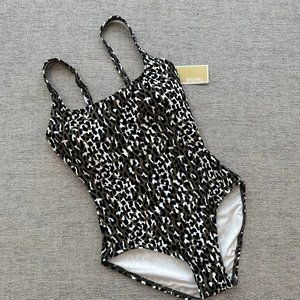 MICHAEL KORS Women's Leopard Print One Piece Swimsuit Laced-Up Back Size 10 NEW